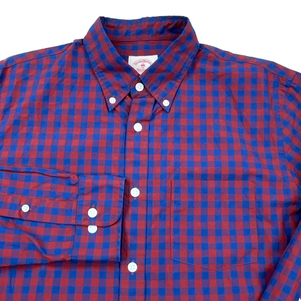 Brooks Brothers‎ Shirt Men Medium Red Blue Gingham Check Button Up Dress Poplin